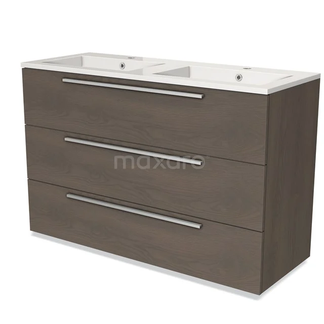 Brown oak bathroom unit with double basin, three drawers and sleek metal handles.