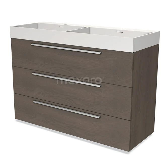 Brown bathroom unit with double basin, three drawers and sleek chrome handles, ideal for modern bathrooms.
