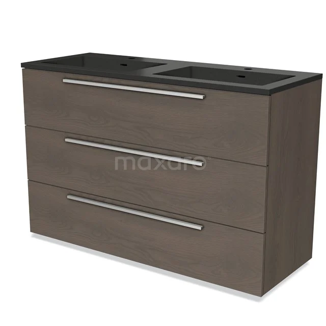 Modulo Vanity units with basin | 120 cm Dark brown oak Flat front Quartz 3 drawers BMW19-01526 Vanity unit wood-look, dark brown with black top, with 3 drawers and metal handles, ideal for modern bathrooms.