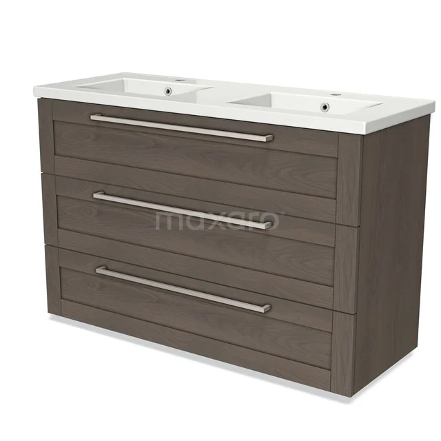 Modulo Vanity units with basin | 120 cm Dark brown oak Frame front Ceramic 3 drawers BMW19-01539 Double basin with cabinet, wood look, three drawers and metal handles; modern bathroom unit for stylish storage space.