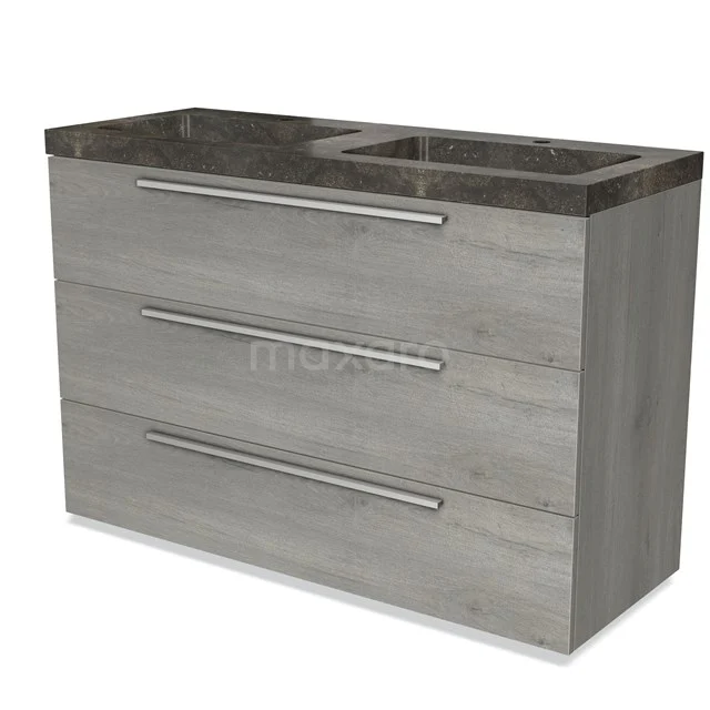 Modulo Vanity units with basin | 120 cm Grey oak Flat front Natural stone 3 drawers BMW19-01551 Grey wooden bathroom unit with two vanity units with basin, marble top and three drawers, ideal for modern bathroom design.
