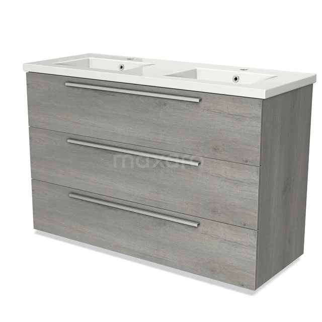 Holz-Badmöbel mit Doppelwaschbecken, graue Eiche Optik, drei Schubladen mit Metallgriffen, modernes Design.