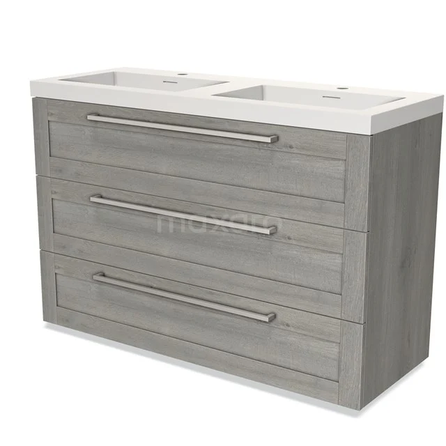 Wooden bathroom unit with double basin, grey wood look, three drawers and sleek metal handles.