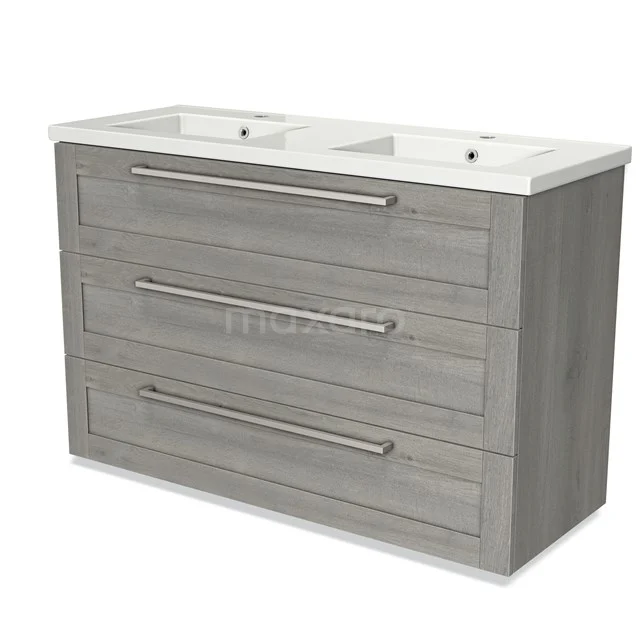 Modulo Vanity units with basin | 120 cm Grey oak Frame front Ceramic 3 drawers BMW19-01567 Grey wooden bathroom unit with double basin, three drawers and metal handles, ideal for modern bathroom storage.