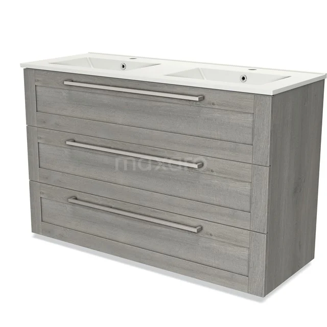 Grey wooden bathroom unit with double white vanity units with basin, three drawers and metal handles. Perfect for modern bathrooms.