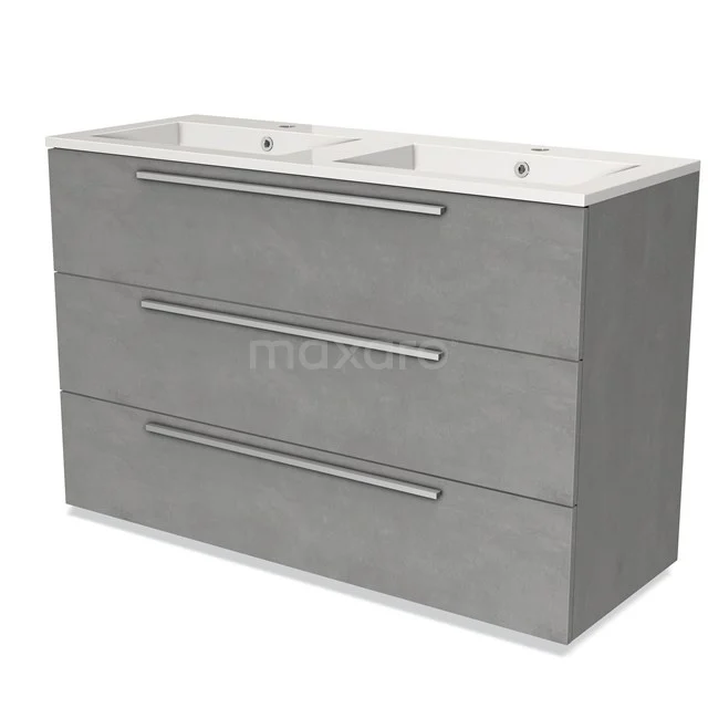 Grey vanity set with double basin, three drawers and modern handles, perfect for a stylish bathroom.