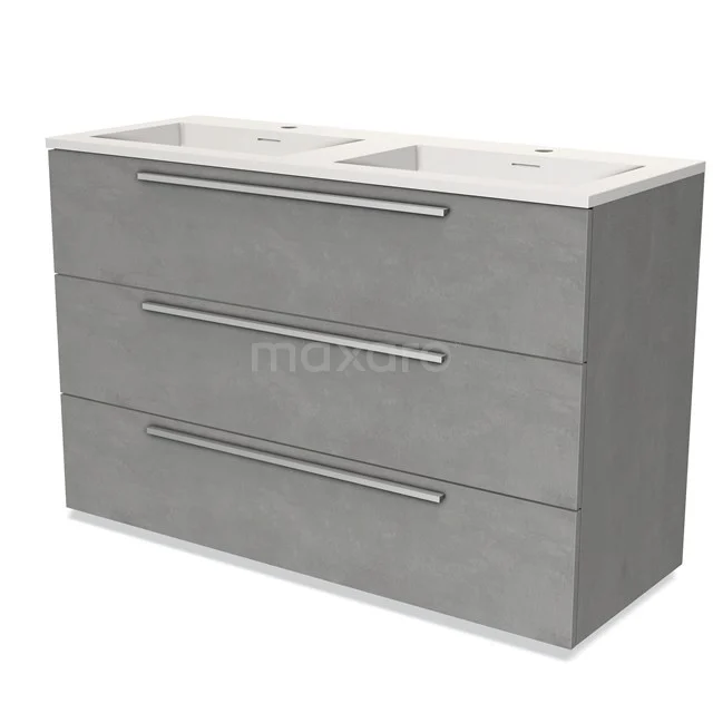 Grey double vanity unit with concrete look, three drawers and slim metal handles, ideal for a modern bathroom.