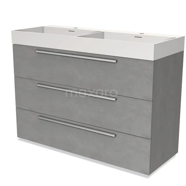 Grey bathroom furniture set with concrete look, three drawers and double basin made of ceramic, ideal for a modern bathroom.