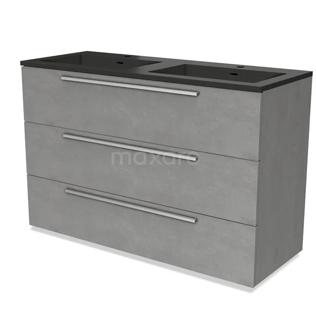 Modulo Bathroom furniture with sink | 120 cm Light grey concrete Flat front Quartz 3 drawers BMW19-01582 Grey bathroom furniture set with double basin, matt concrete look and three wide drawers, ideal for modern bathrooms.