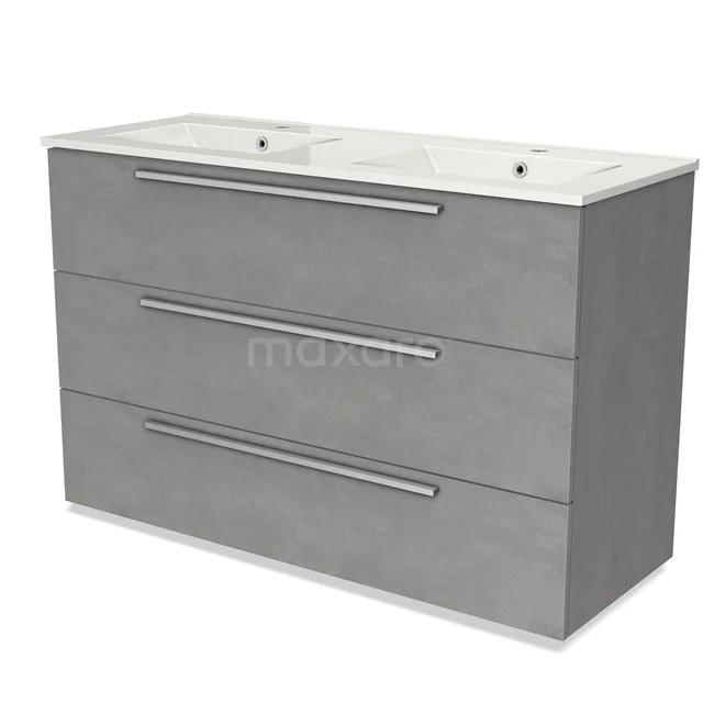 Grey Bathroom unit with double white basin, three drawers and sleek metal handles, ideal for modern bathrooms.
