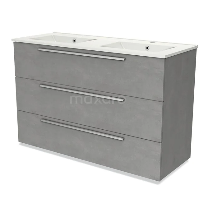 Grey bathroom furniture set with double basin, modern design, with three spacious drawers and sleek metal handles.