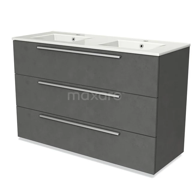 Grey wooden vanity unit with double sink, sleek stainless steel handles and three spacious drawers, perfect for a modern bathroom.