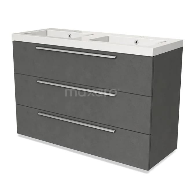 Grey bathroom furniture set with double basin, sleek metal handles, three drawers and modern design.