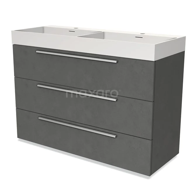 Grey bathroom furniture set with double basin, three spacious drawers and modern design, ideal for a sleek bathroom style.