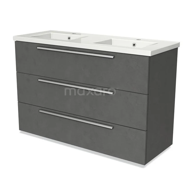 Modulo Vanity units with basin | 120 cm Dark grey concrete Flat front Ceramic 3 drawers BMW19-01595 Grey bathroom furniture set with double basin and three wide drawers, sleek design, perfect for modern bathrooms.