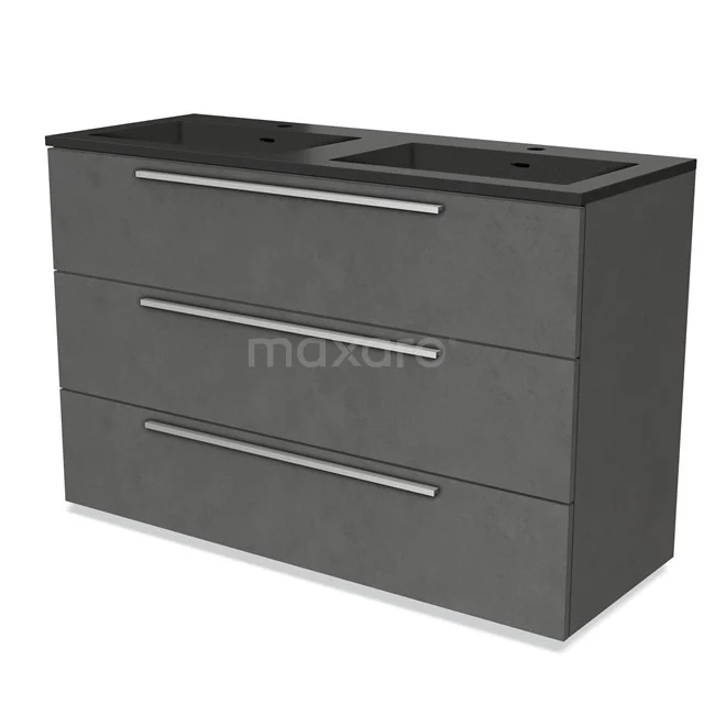 Anthracite-grey bathroom unit set with double basin, modern look, three drawers and sleek silver handles.