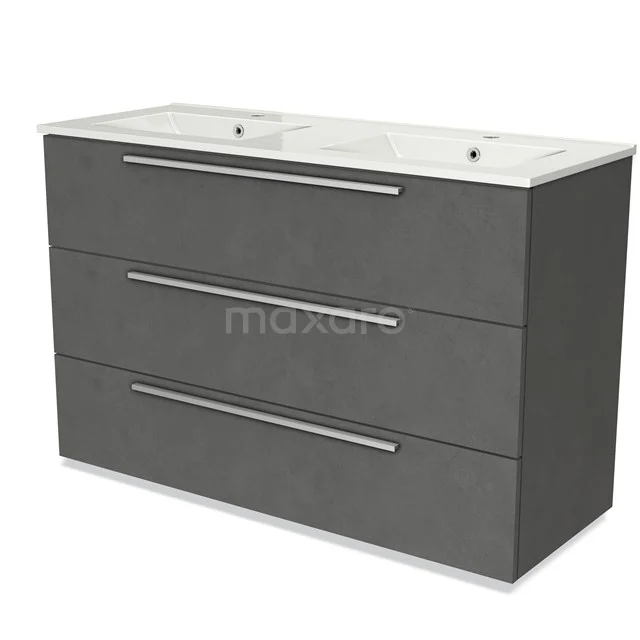 Grey double basin bathroom unit with three drawers, sleek design and white ceramic vanity units with basin, ideal for modern bathrooms.