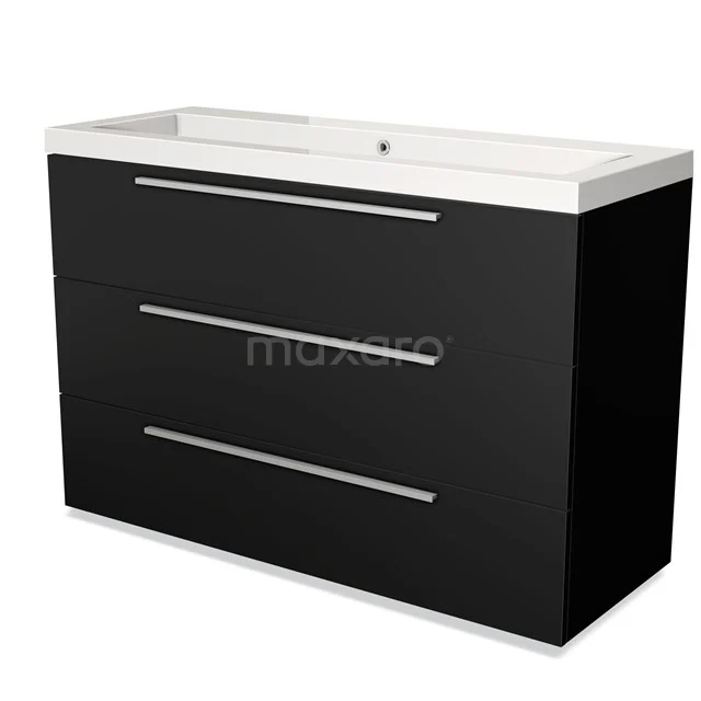 Black bathroom cabinet with three drawers and white basin, sleek design in high-gloss finish.