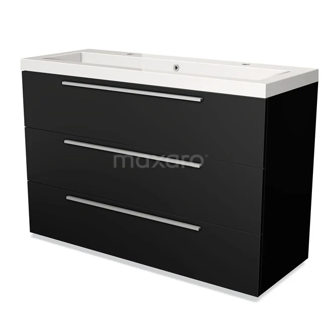 Black suspended bathroom unit with three drawers and white vanity units with basin, modern design made of high-quality materials.