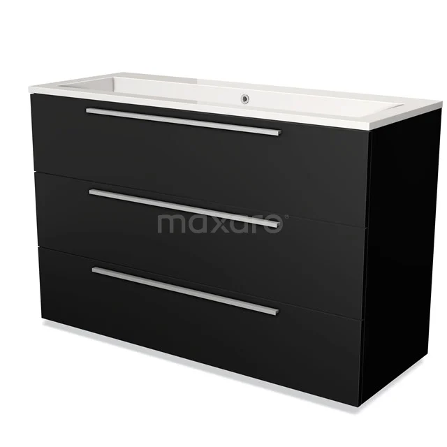 Black bathroom cabinet with glossy finish, three drawers and an integrated basin; modern design for stylish bathrooms.