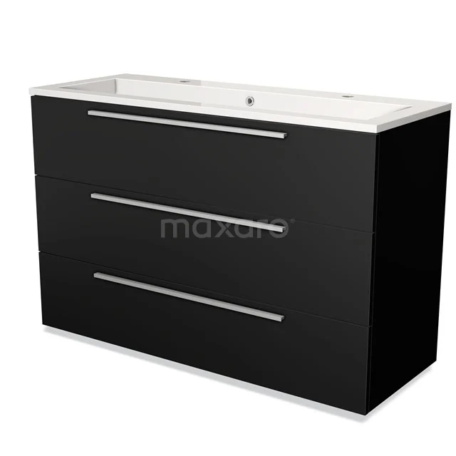 Black modern bathroom cabinet with three drawers, black metal handles and a white ceramic basin, ideal for bathroom storage.