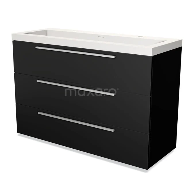 Black bathroom unit with matte finish, three drawers and white ceramic basin, modern design for bathroom storage.