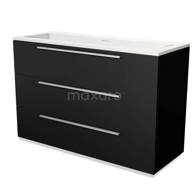 Black bathroom unit with white vanity units with basin, three wide drawers and sleek chrome handles, modern and spacious design.