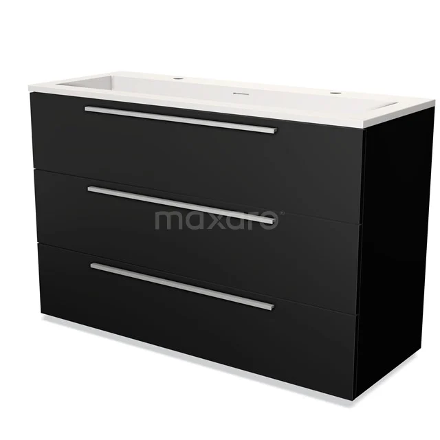 Black bathroom furniture set with three drawers, white basin worktop and modern stainless steel handles.