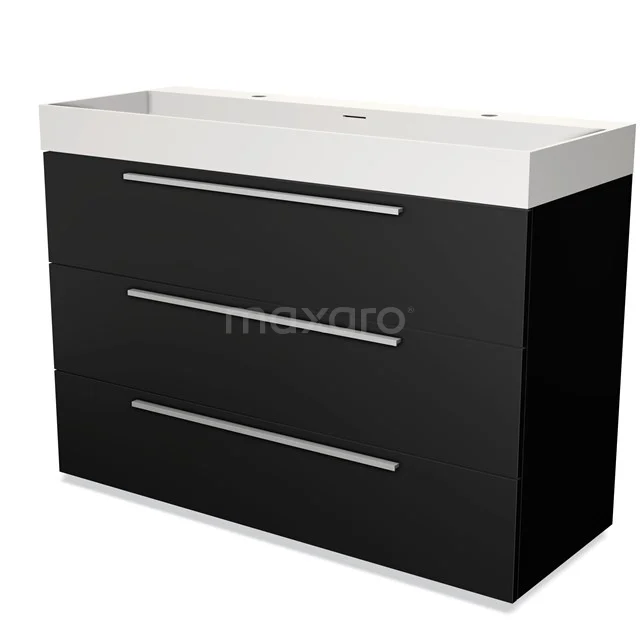 Black bathroom cabinet with white Basin, three drawers and sleek black metal handles; modern design, perfect for stylish bathrooms.