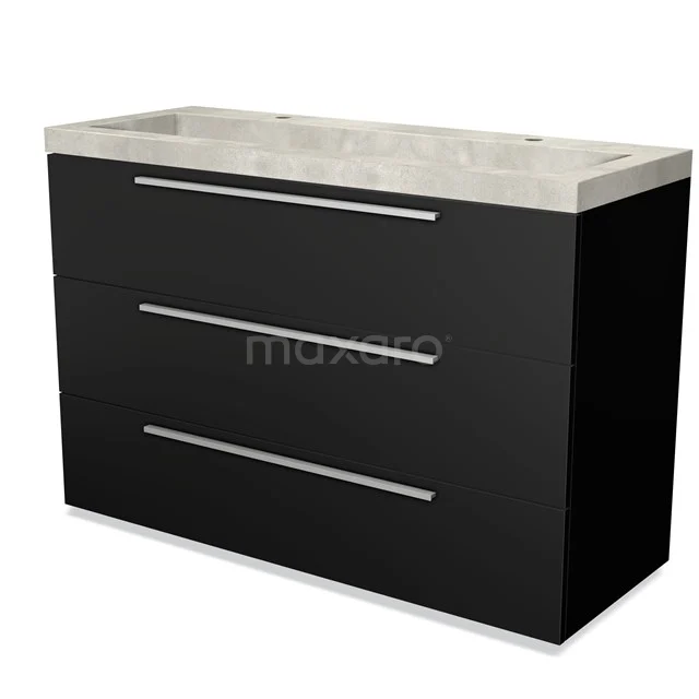 Black bathroom cabinet with three drawers and a concrete-look basin, modern design for stylish bathroom storage.