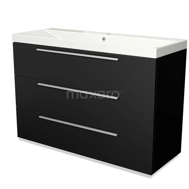 Black vanity unit with sleek design, white basin, three wide drawers and modern-finished handles.