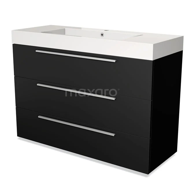 Black vanity unit with white ceramic worktop, three drawers and sleek handles, ideal as modern bathroom storage.