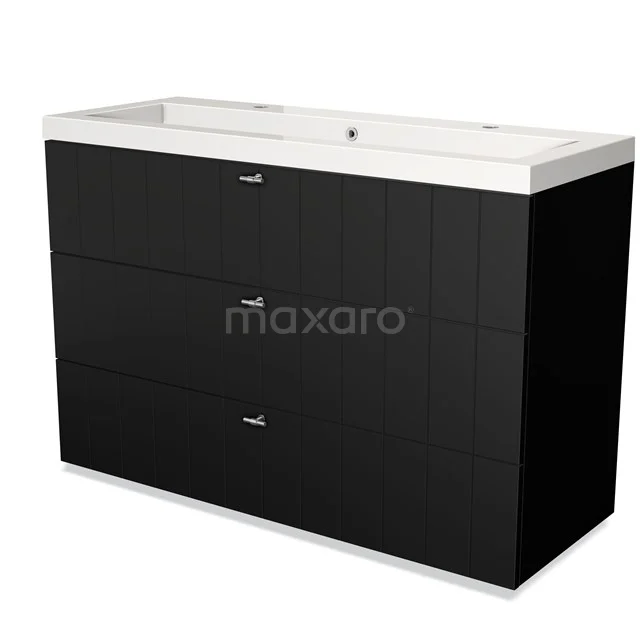 Black bathroom furniture set with three drawers, sleek design and white Basin, ideal for modern bathrooms.