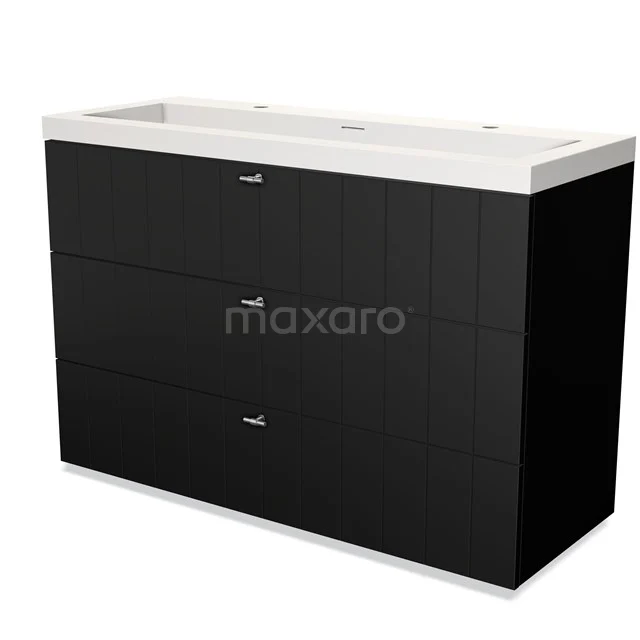 Black bathroom unit with three drawers, white vanity units with basin made of ceramic, modern design for stylish bathroom fittings.