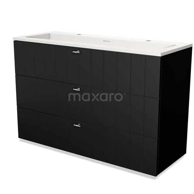 Black bathroom unit with three drawers, modern design and white basin worktop, ideal for stylish bathroom design.