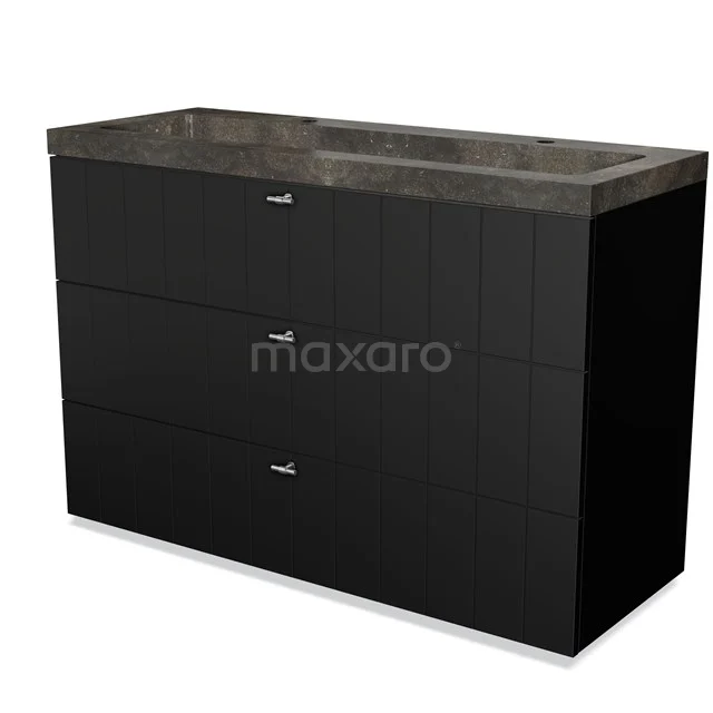 Modulo Badkamermeubel met wastafel | 120 cm Mat zwart Lamel front Natuursteen 3 lades BMW19-01621