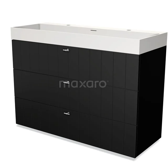 Black bathroom unit with three drawers and ceramic basin, modern design, ideal for stylish bathroom storage.