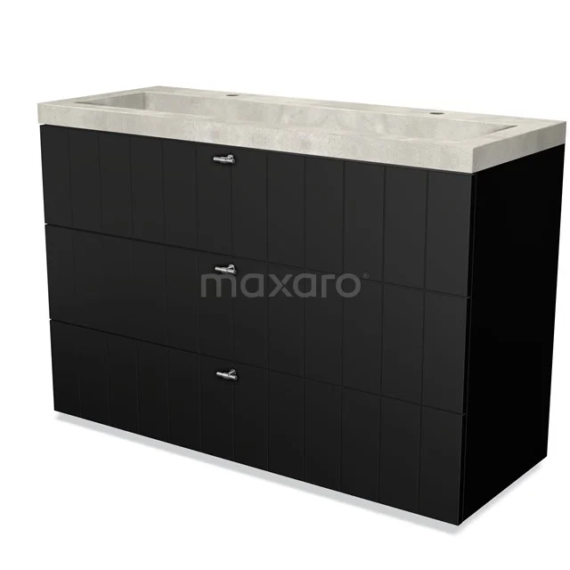 Modulo Vanity units with basin | 120 cm Matte black Slat front Concrete 3 drawers BMW19-01624 Black bathroom furniture set with three drawers, concrete-look basin and sleek silver Handles, ideal for stylish bathrooms.