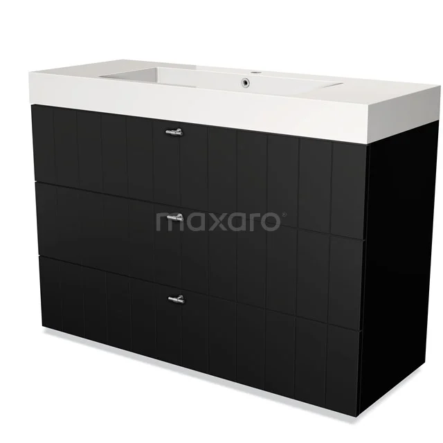 Black bathroom unit with 3 drawers, white vanity units with basin and chrome handles, sleek design ideal for modern bathrooms.