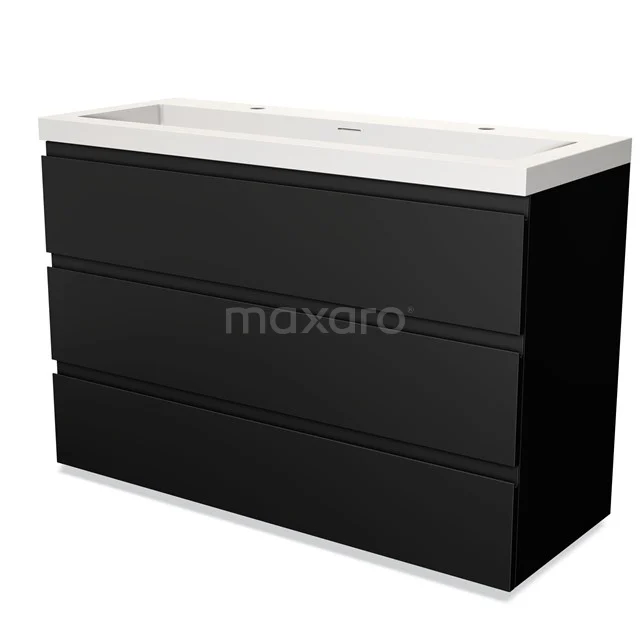 Black bathroom cabinet with three drawers, sleek design, white ceramic basin worktop; ideal for modern bathroom design.