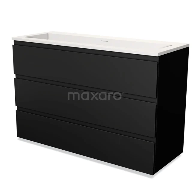 Black bathroom unit with matte finish, three drawers and white basin; stylish and modern design for any bathroom.