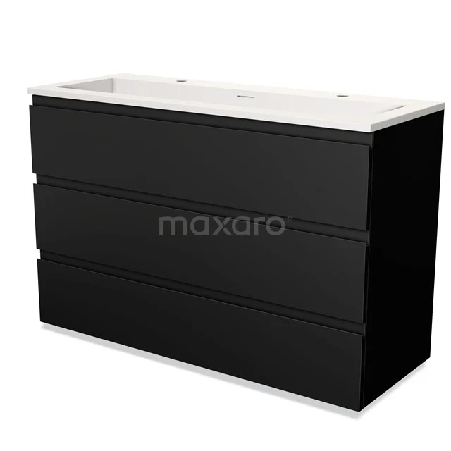 Matte black bathroom furniture set with matte finished drawers and a white basin, ideal for a modern bathroom style.