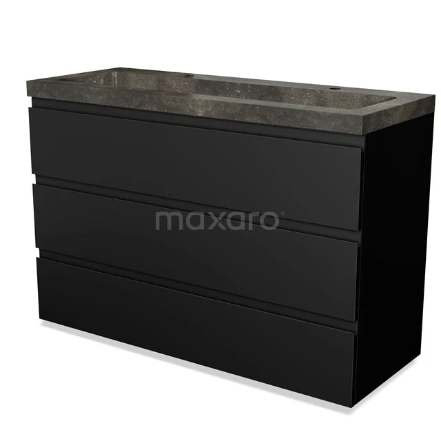 Black bathroom unit with marble-look basin, 3 drawers and sleek design, ideal for a modern bathroom design.