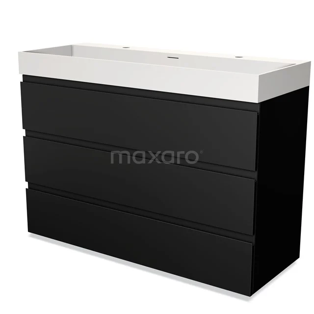 Black bathroom unit with three drawers and a white basin worktop, sleek design, ideal for modern bathroom design.