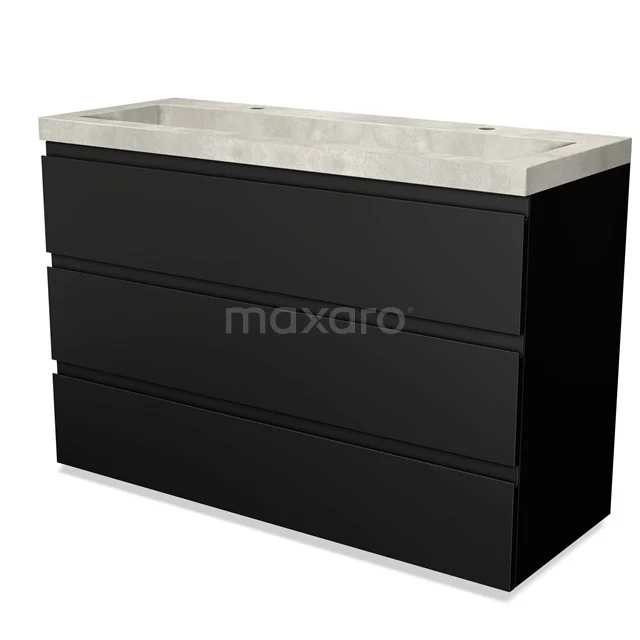 Black bathroom furniture set with three drawers and a white ceramic basin worktop, modern and sleek design.
