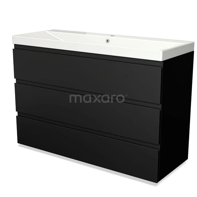 Black base cabinet with three drawers and white ceramic basin, modern design, ideal for a stylish bathroom.