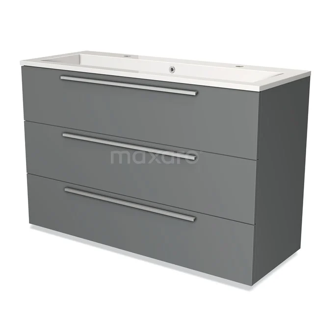 Grey bathroom furniture set with three drawers, metal handles and white ceramic basin, modern design.