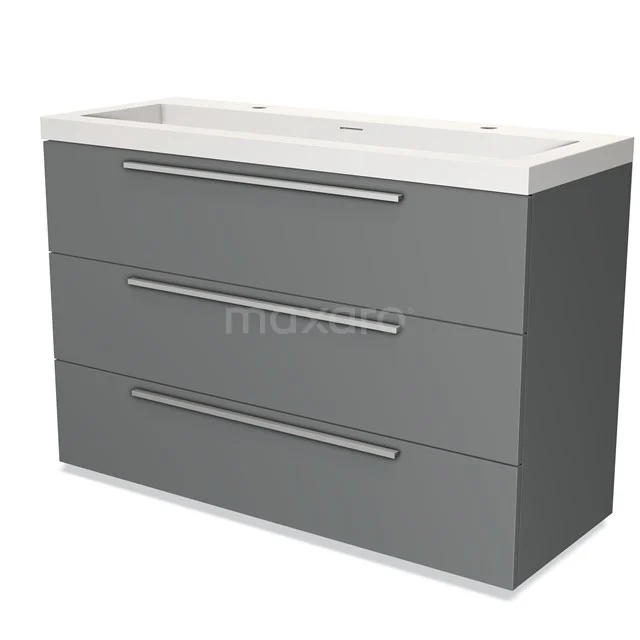 Grey bathroom furniture set with three drawers and integrated basin, modern design made of high-quality wood and metal.