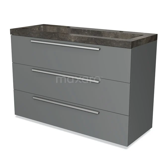 Grey bathroom furniture set with three drawers, metal handles and a dark natural stone basin worktop.