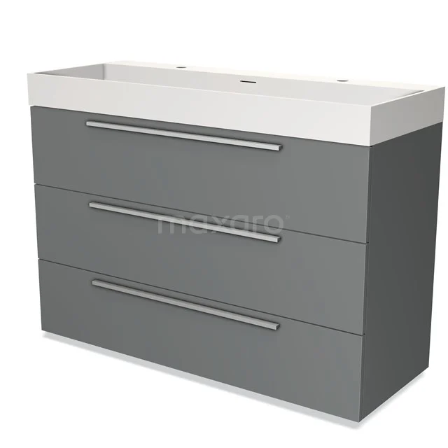 Grey chest of drawers with white ceramic basin, sleek design, ideal as a modern bathroom unit for extra storage space.